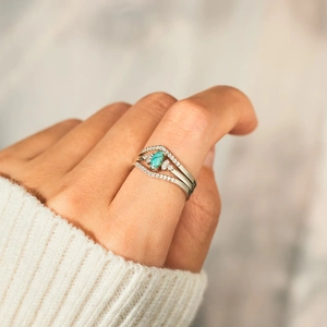 Three-piece S925 sterling silver stacking ring set with oval turquoise and pavé diamonds