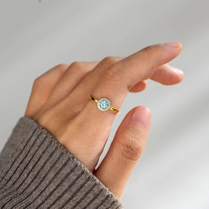 Minimalist gold S925 silver ring with blue enamel circle and white cubic zirconia stone