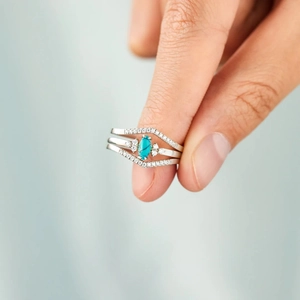 Close-up of S925 silver turquoise stacking ring set featuring a textured oval stone
