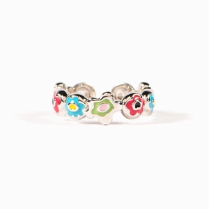 S925 sterling silver open ring featuring colorful enamel flowers in a minimalist style