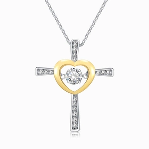 Collier en argent sterling S925 avec pendentif croix cœur et zircon cubique dansant