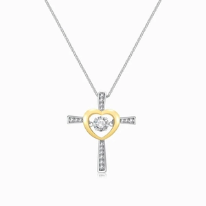Collier croix en argent 925 avec cœur dansant en zircone sur fond blanc pur
