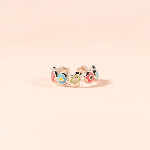 Adjustable S925 sterling silver ring with colorful enamel flowers in blue, green and pink
