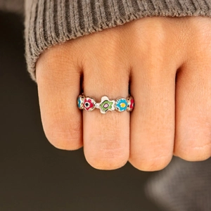 S925 sterling silver ring featuring colorful enamel floral and star patterns on the band
