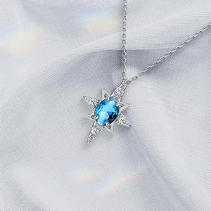 S925 Sterling Silver Star Pendant Necklace With Blue Gemstone Zirconia Inlaid Elegant Minimalist Fashion Clavicle Chain Jewelry For Women