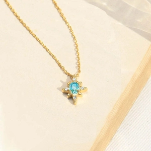 S925 sterling silver star pendant necklace with blue oval gemstone and white zircon stones