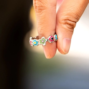 S925 sterling silver ring featuring colorful enamel floral pattern for women