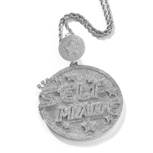 Hip-hop silver Self Made circle pendant necklace with pavé cubic zirconia and crown