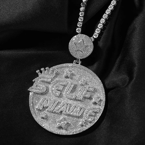 Hip-Hop Self Made Letter Round Pendant Necklace Copper Inlaid Zirconia Crown Star Decoration Rope Chain Unisex Jewelry