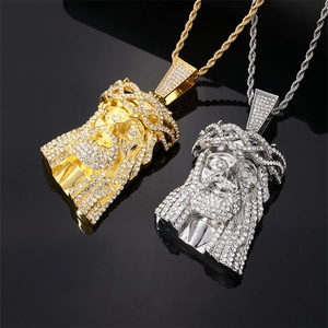 Alloy Rhinestone Jesus Piece Pendant Necklace Hip Hop Iced Out Religious Jewelry For Men Women Gold Silver Plated Rope Chain