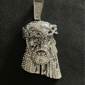 Iced out silver Jesus piece pendant necklace with sparkling white rhinestones for hip hop style