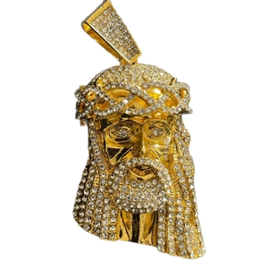 Hip hop style gold plated Jesus head pendant necklace with sparkling white rhinestones