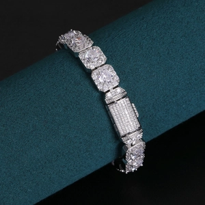 Detail of silver link bracelet with large round cubic zirconia and pavé-set diamonds