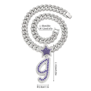 Iced out hip hop Cuban link necklace with purple rhinestone star and number 9 pendant