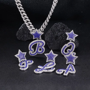 Hiphop silver alloy necklace and earrings set with blue star and cursive letter charms