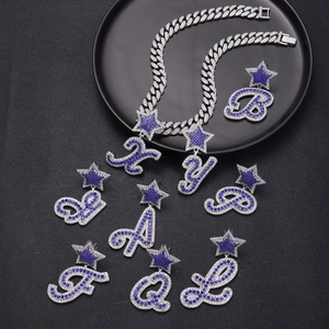 Hip Hop Blue Rhinestone Alphabet Pendant Necklace Silver Plated Alloy Letter Pendant With Star Decor Personalized Jewelry For Unisex