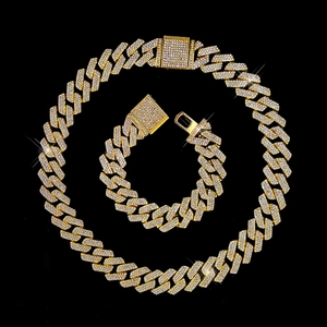 Ensemble collier et bracelet Cuban Link 20mm doré serti de strass brillants style hip hop