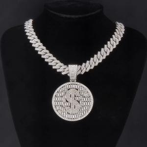Hip hop silver Cuban chain with a large round iced-out dollar sign pendant for men