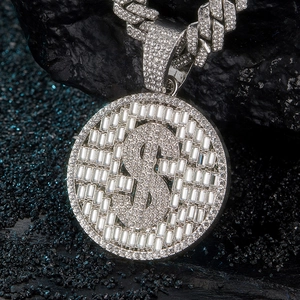 Iced out hip hop round dollar sign pendant necklace with full micro-pave crystals