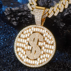 Golden hip-hop spinning dollar sign pendant with iced-out cubic zirconia on Cuban chain