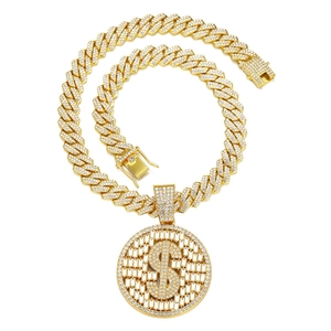 Iced out gold Cuban link necklace with dollar sign pendant and pavé rhinestones