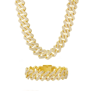 Ensemble collier et bracelet Cuban Link 20mm plaqué or style Hip Hop serti de strass