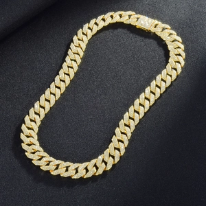 Close-up of 14mm gold-plated Cuban link chain with three rows of micro-pave diamonds