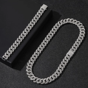 14mm wide iced-out Cuban link chain and bracelet set with silver-tone rhombus rhinestones