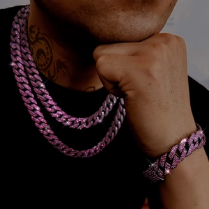 14mm pink rhinestone iced out Cuban link chain set with necklace and bracelet for men