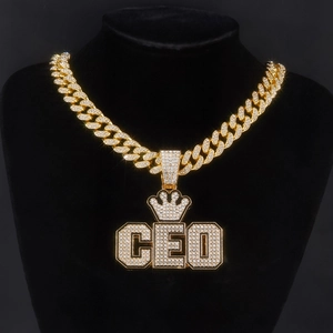 Collier pendentif CEO hip hop doré avec couronne scintillante et grosse chaîne cubaine