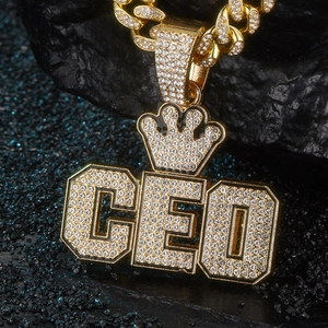 Collier Pendentif Lettre CEO Couronne Hip Hop pour Homme Strass Alliage Chaîne Cubaine Bijoux Ton Or Argent