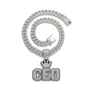 Pendentif CEO hip hop avec couronne et chaîne cubaine sertie de diamants CZ