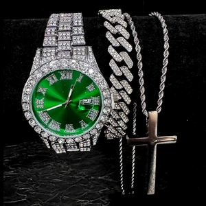 Men's hip hop watch set with green dial, silver cuban chain and cross necklace pendant