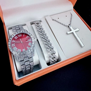 Men's gift set with iced-out watch, Cuban chain bracelet and cross necklace in box