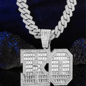 Hip hop TKO letter pendant with icy iced-out baguette zircon cuban chain in silver finish