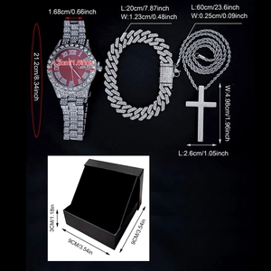 Men's silver quartz watch with red dial, cuban bracelet and cross necklace set