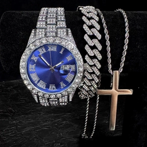 Hip hop silver watch set with iced out cuban bracelet and cross necklace on black texture