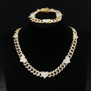 Hip Hop Iced Out Cuban Link Chain Necklace And Bracelet For Men Women Alloy Rhinestone Heart Design Fashion Jewelry Silver Gold