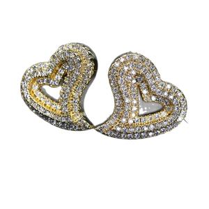 Elegant gold double heart stud earrings with cubic zirconia stones on white background