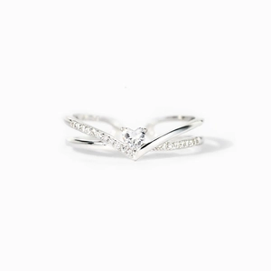 Elegant S925 sterling silver V-shaped heart ring with cubic zirconia on white background