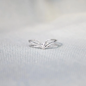 925 Sterling Silver Heart Zircon Adjustable Ring V Shaped Chevron Wishbone Pave Open Finger Jewelry For Women