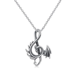 Vintage S925 sterling silver dragon treble clef pendant necklace on a white background