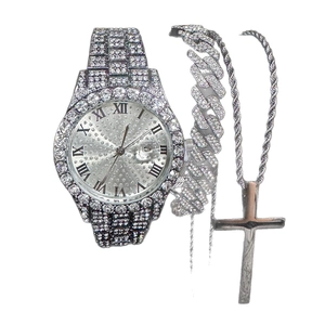 Hip-Hop silver watch set with iced out cuban chain and sparkling cross necklace