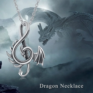 Gothic S925 sterling silver dragon pendant necklace with fantasy treble clef design