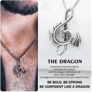 Gothic S925 sterling silver dragon necklace with treble clef pendant for men
