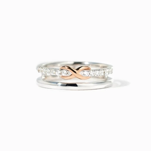 Double-layered S925 sterling silver infinity ring with sparkling pave stones and rose gold accent