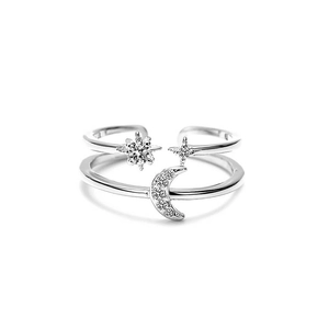 Minimalist S925 sterling silver open ring with cubic zirconia stars and moon elements