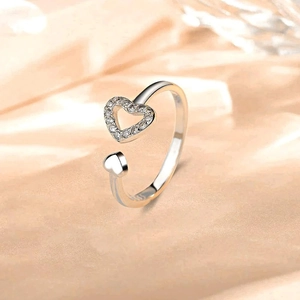 S925 sterling silver heart open ring with sparkling pavé cubic zirconia for women