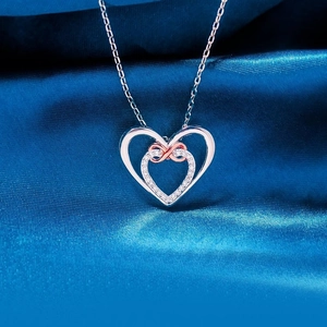 S925 Sterling Silver Double Heart Infinity Pendant Necklace For Women Two Tone Rhinestone Clavicle Chain Jewelry Gift