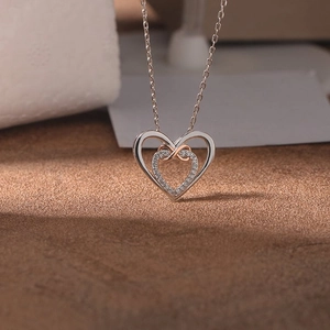 S925 Sterling Silver double heart and infinity pendant necklace with cubic zirconia